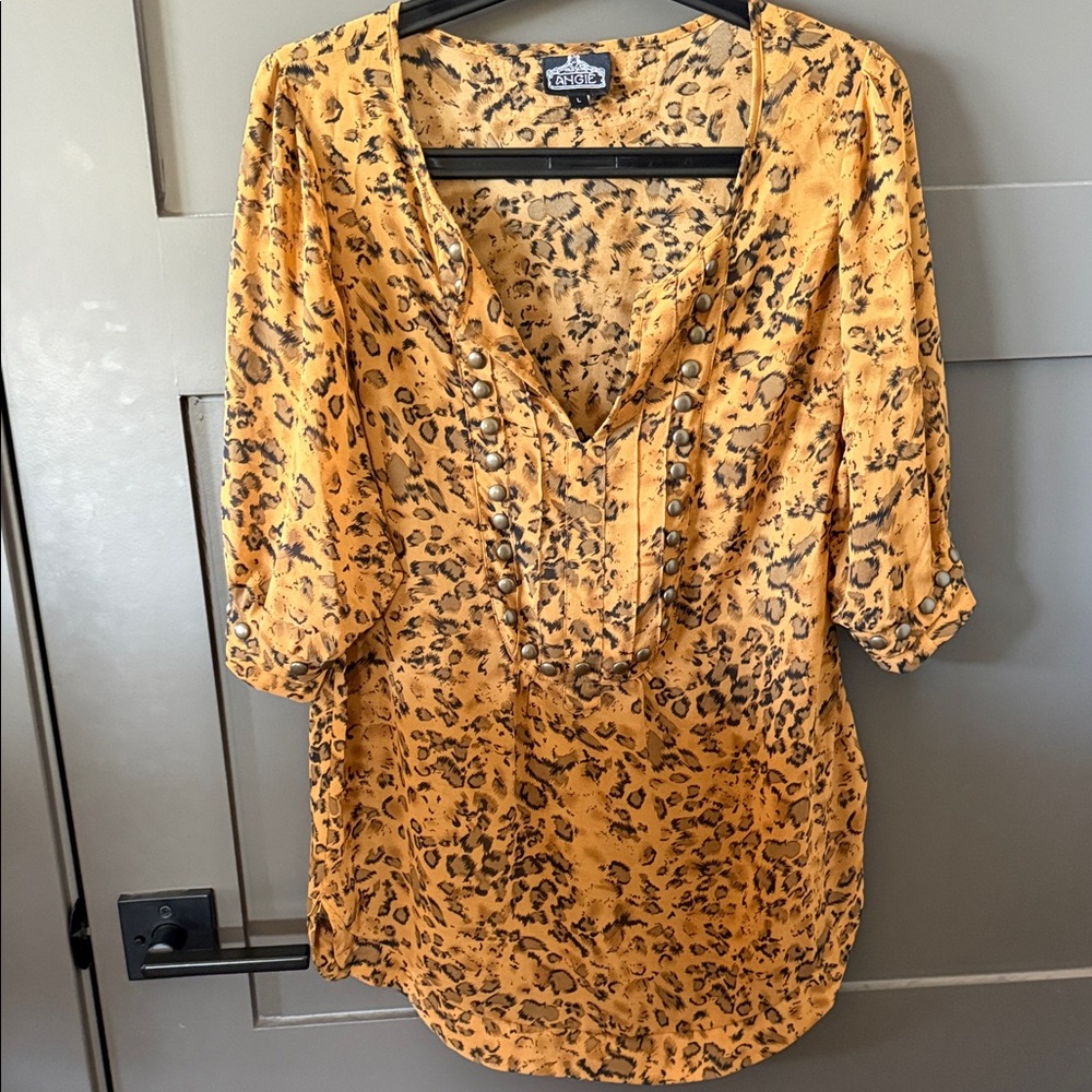 Angie Gold Leopard Print Studded Blouse